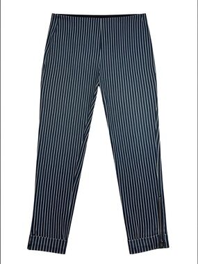Lysse Large Navy White Pinstripe Skinny Stretch Pull on Jeans Zipper Detail Leg